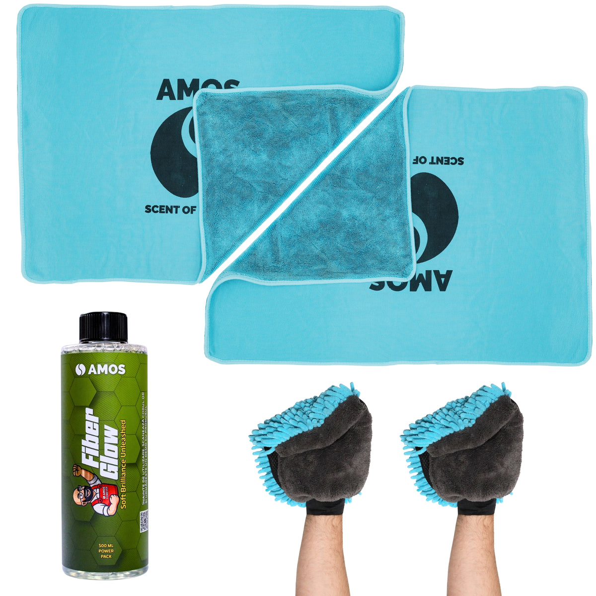 Super Dry: 2 Prosoape Ultra absorbante 1000GSM albastru + 2 Mănuși CADOU + detergent Fiber Glow