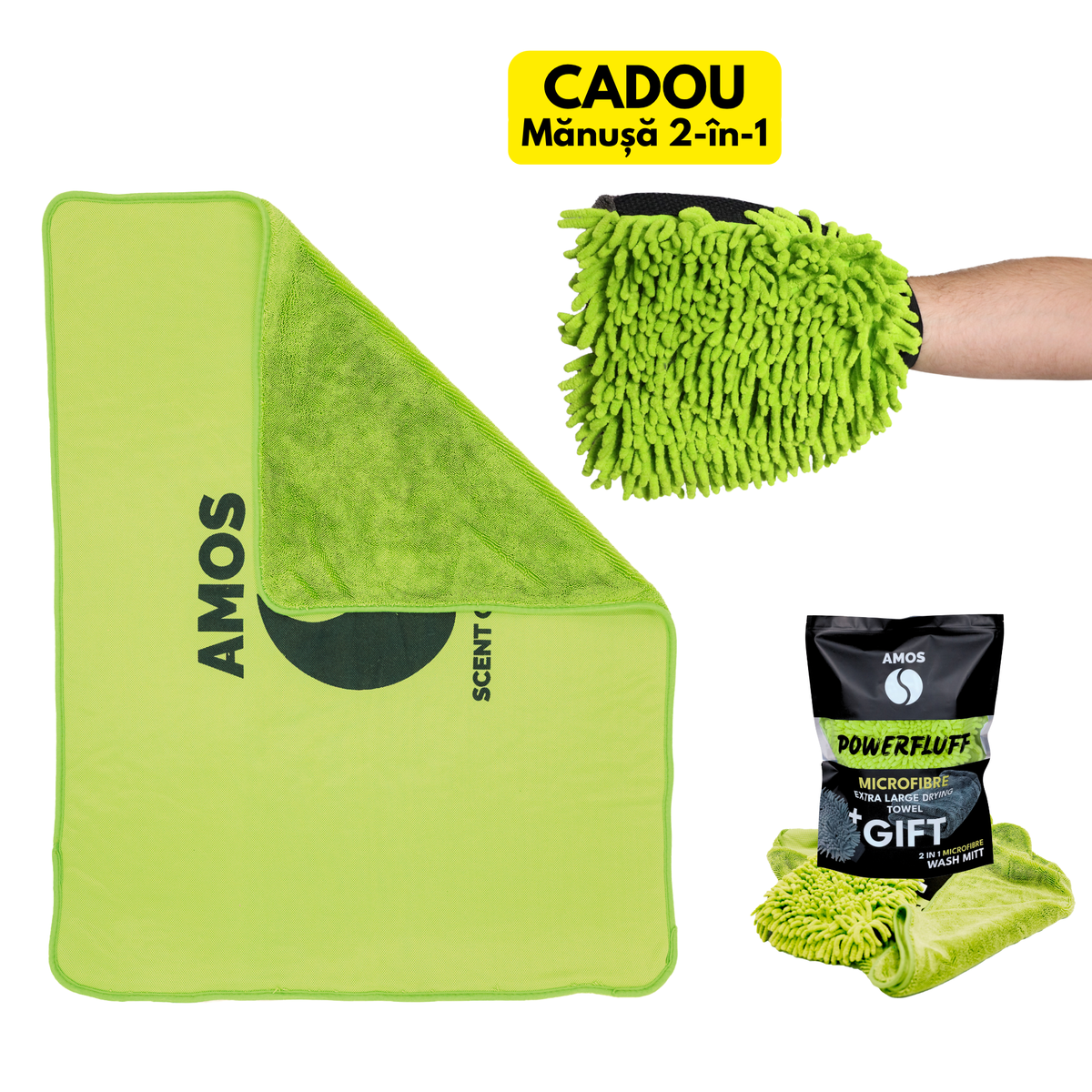 Prosop microfibră ultra absorbant AMOS Powerfluff verde 1000 GSM 60*80cm + manusa CADOU | APR0015