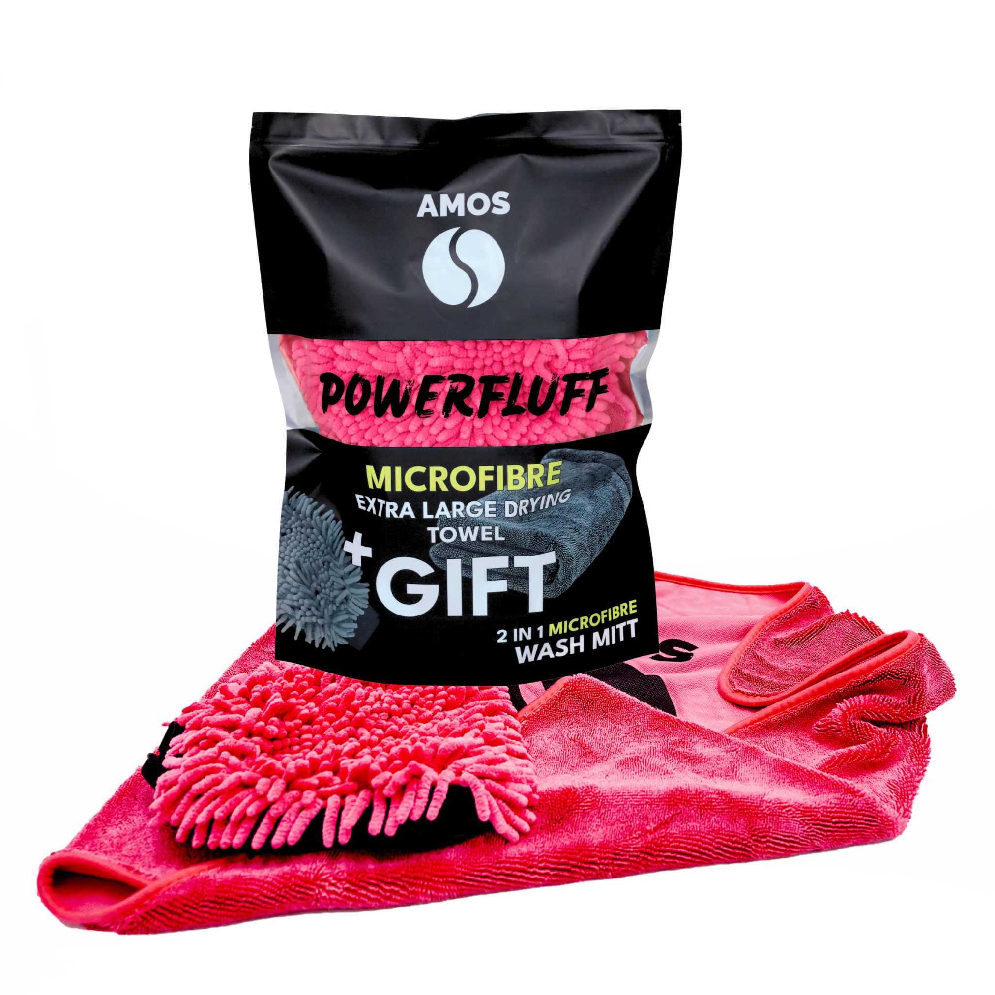 Prosop microfibra ultra absorbant auto AMOS Powerfluff 1000 GSM, manusa spalare, material premium, uscare rapida fara urme, culoare Roz, Dimensiune 60x80 cm