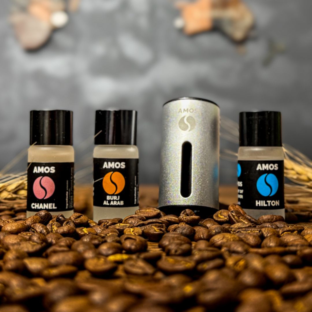 Difuzor Parfum Auto AMOS Mini Gri, 3 Arome Incluse Cadou, Odorizant Inteligent, USB, Parfum Intens, Design Premium