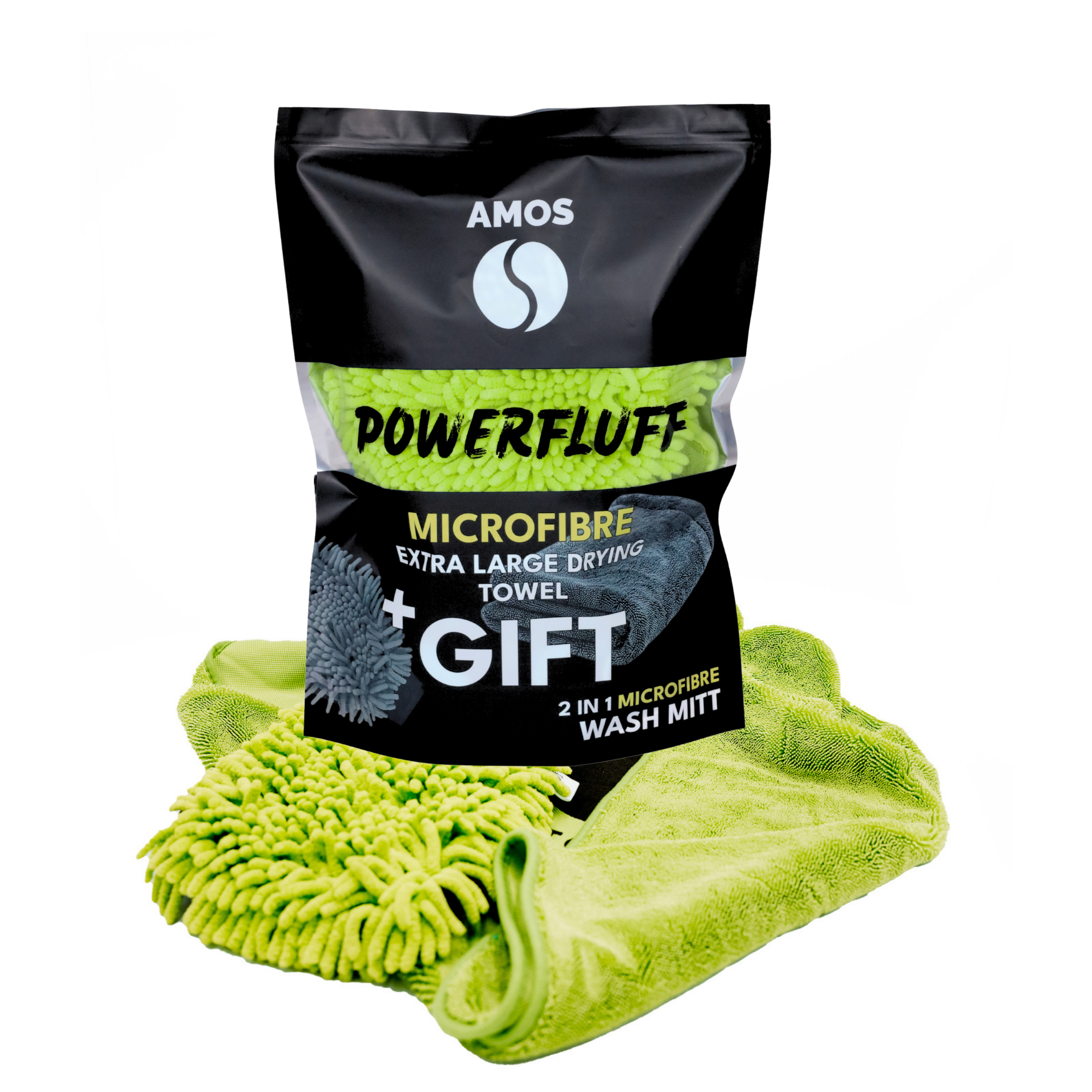 Prosop microfibra ultra absorbant auto AMOS Powerfluff 1000 GSM, manusa spalare, material premium, uscare rapida fara urme, culoare Verde, Dimensiune 60x80 cm