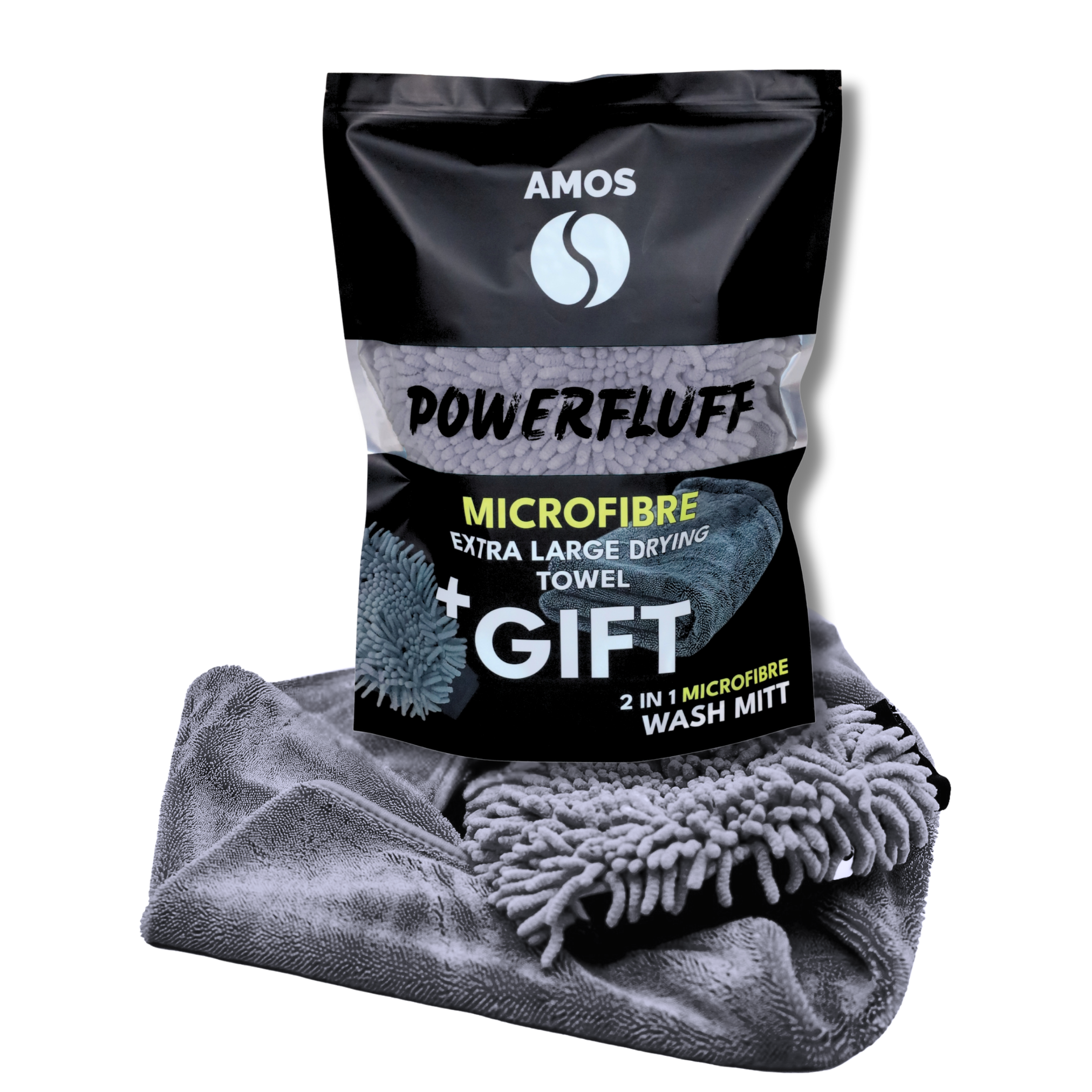 Prosop microfibra ultra absorbant auto AMOS Powerfluff 1000 GSM, manusa spalare, material premium, uscare rapida fara urme, culoare gri, Dimensiune 60x80 cm