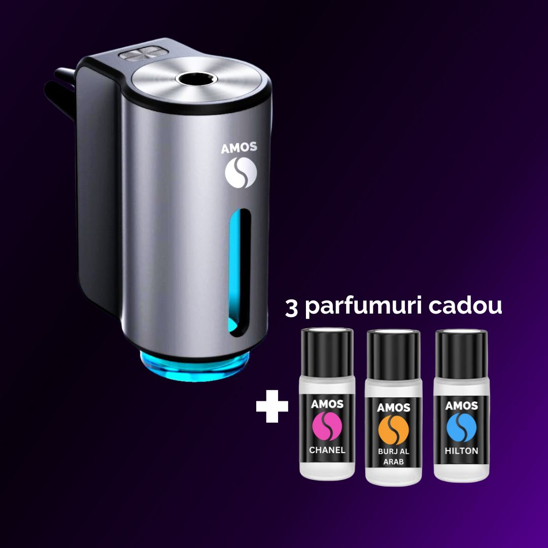 Difuzor Parfum Auto AMOS Mini Gri, 3 Arome Incluse Cadou, Odorizant Inteligent, USB, Parfum Intens, Design Premium