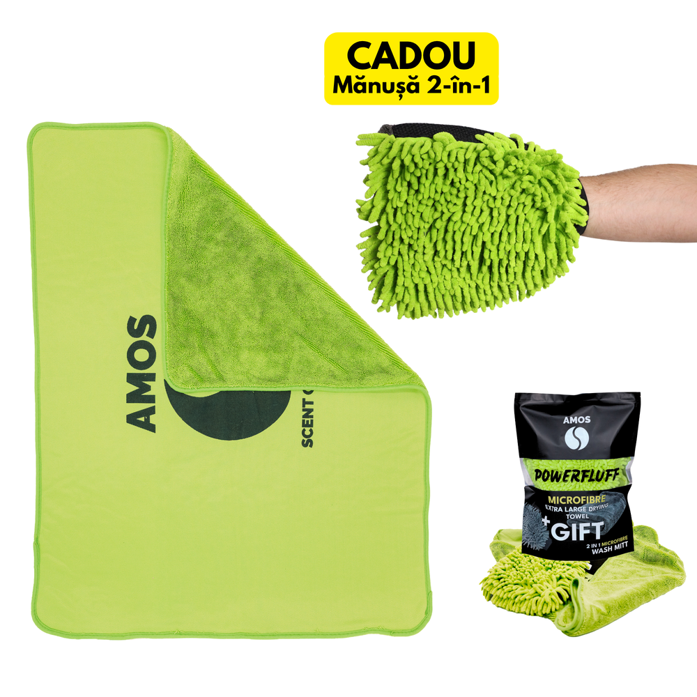 Prosop microfibră ultra absorbant AMOS Powerfluff verde 1000 GSM 60*80cm + manusa CADOU