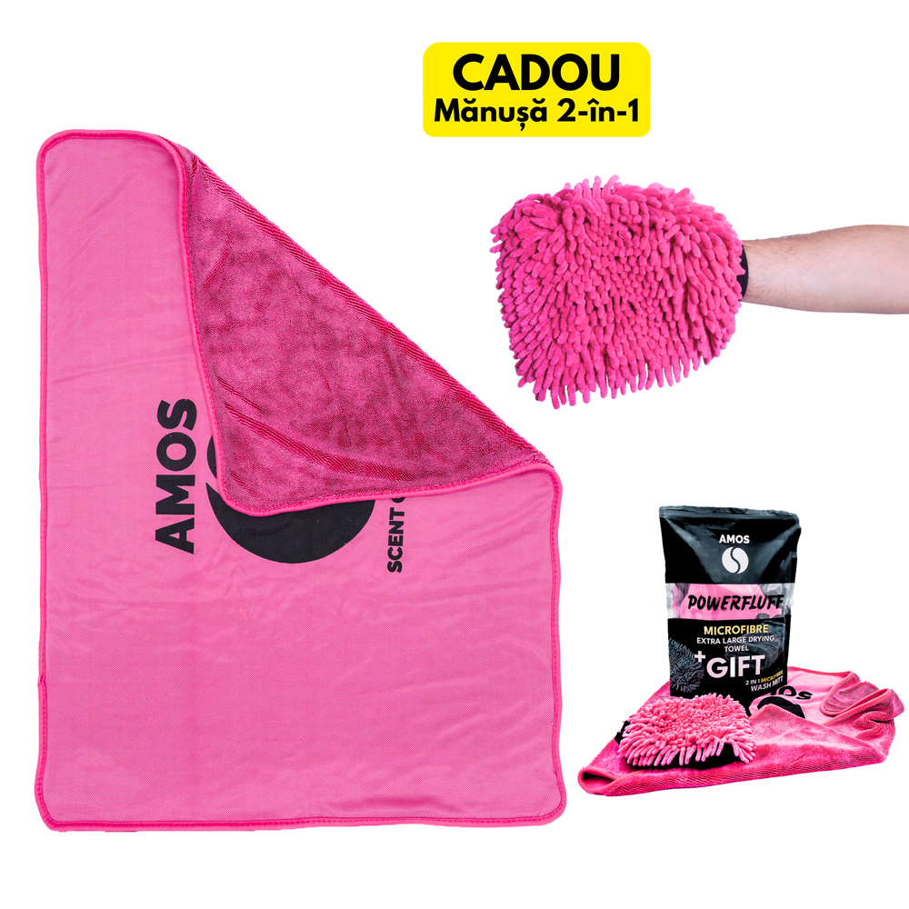 Prosop microfibră ultra absorbant AMOS Powerfluff roz 1000 GSM 60*80cm + manusa CADOU