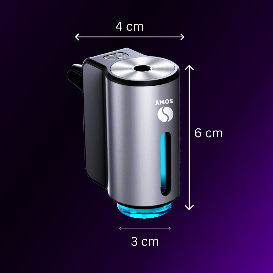 Difuzor Parfum Auto AMOS Mini Gri, 3 Arome Incluse Cadou, Odorizant Inteligent, USB, Parfum Intens, Design Premium