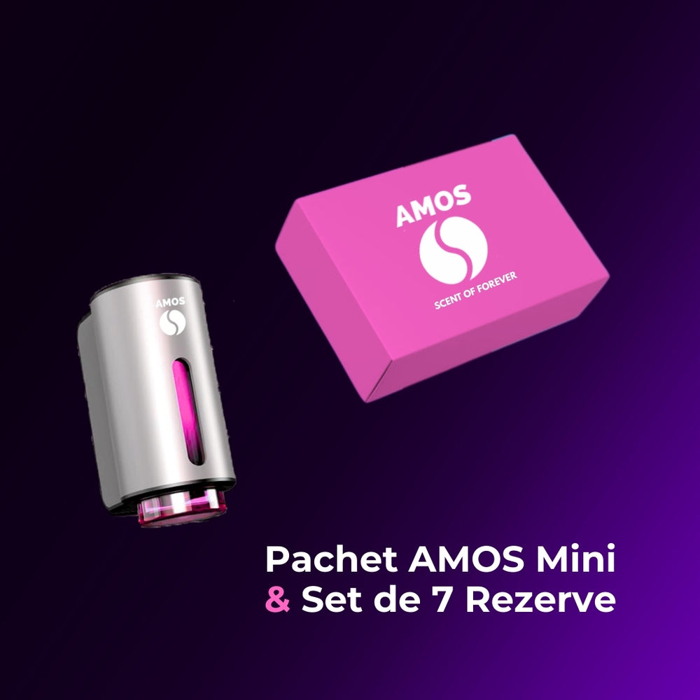 Pachet Amos mini Pink - difuzor gri de parfum + set pink cu 7 parfumuri de rezervă