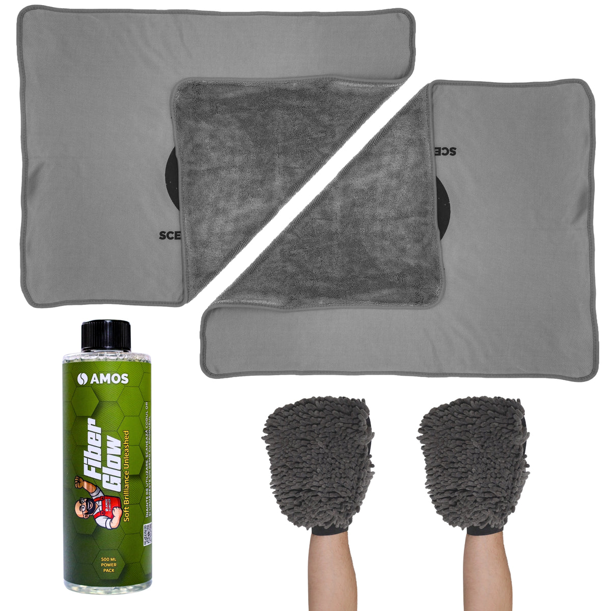 Super Dry: 2 Prosoape Ultra absorbante 1000GSM gri + 2 Mănuși CADOU + detergent Fiber Glow