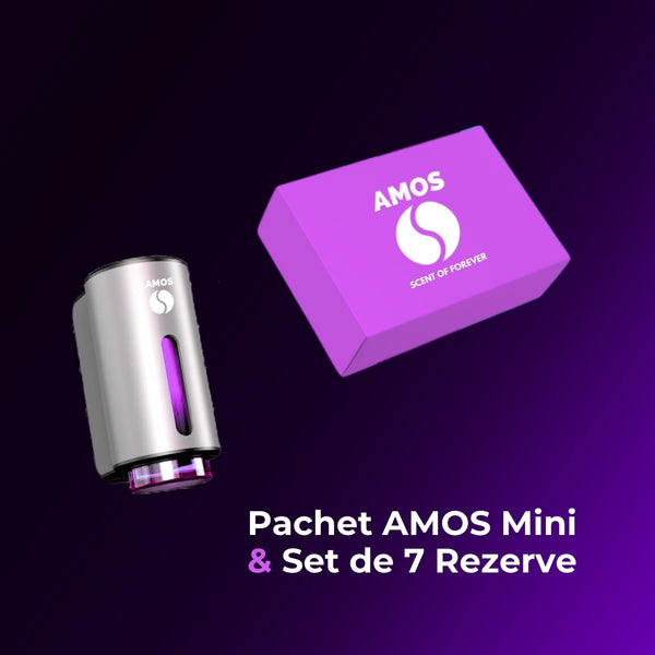 Pachet Amos mini Purple - difuzor gri parfum + set purple cu 7 parfumuri de rezervă