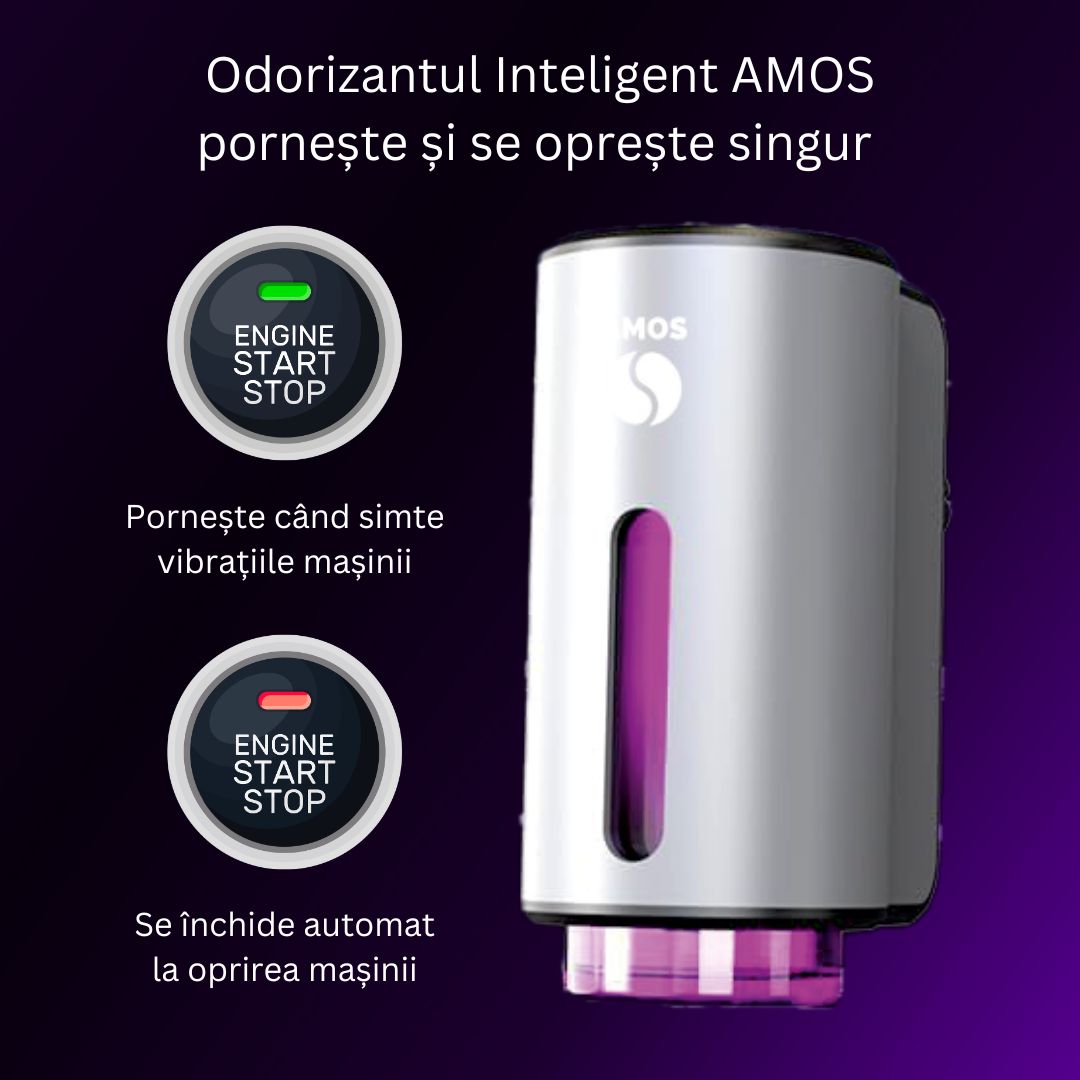 Difuzor Parfum Auto AMOS Mini Gri, 3 Arome Incluse Cadou, Odorizant Inteligent, USB, Parfum Intens, Design Premium