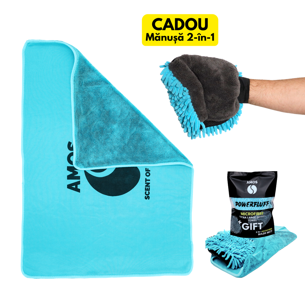 Prosop microfibră ultra absorbant AMOS Powerfluff albastru 1000 GSM 60*80cm + manusa CADOU