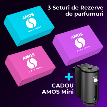 Pachet Amos all-inclusive: 3 Seturi de 7 Rezerve + CADOU difuzor AMOS Mini negru