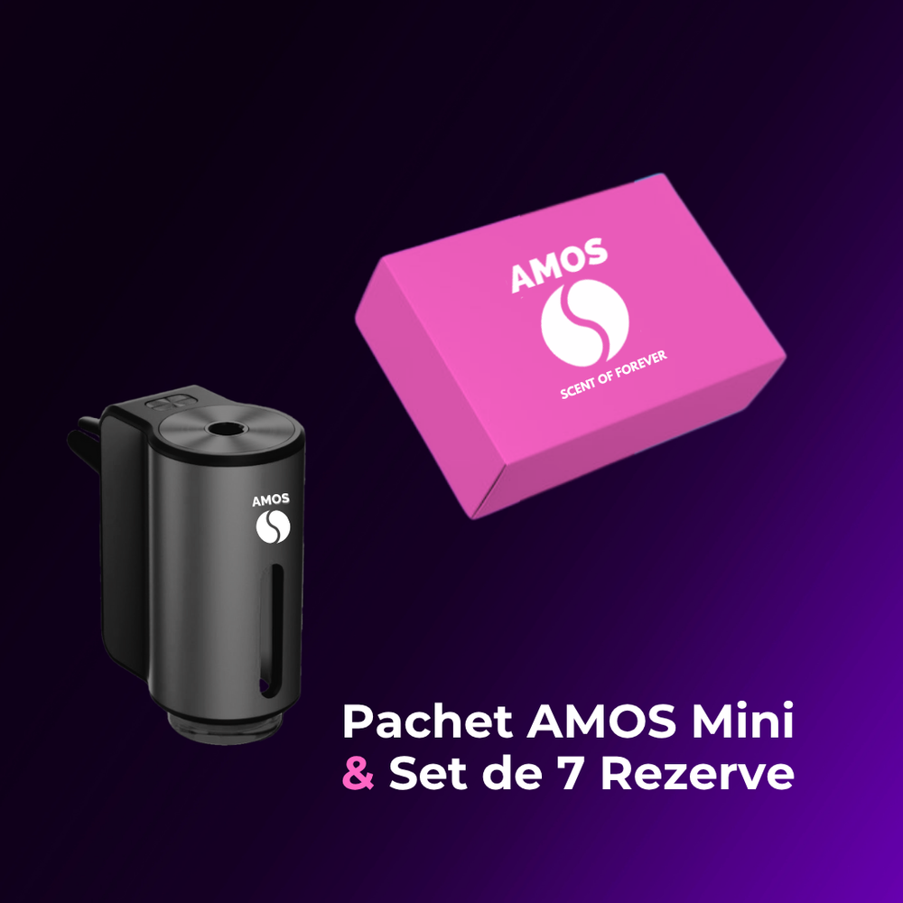 Pachet Amos mini Pink - difuzor negru de parfum + set pink cu 7 parfumuri de rezervă