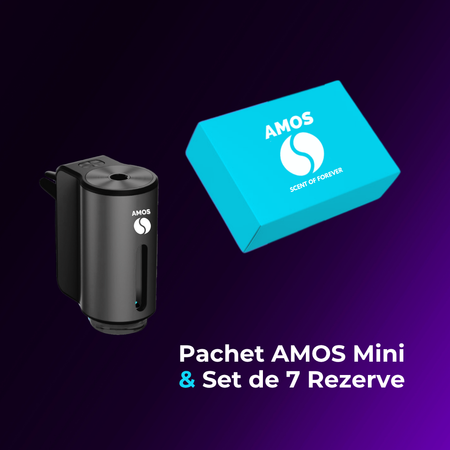 Pachet Amos mini Blue - difuzor de parfum negru + set Blue cu 7 parfumuri de rezervă