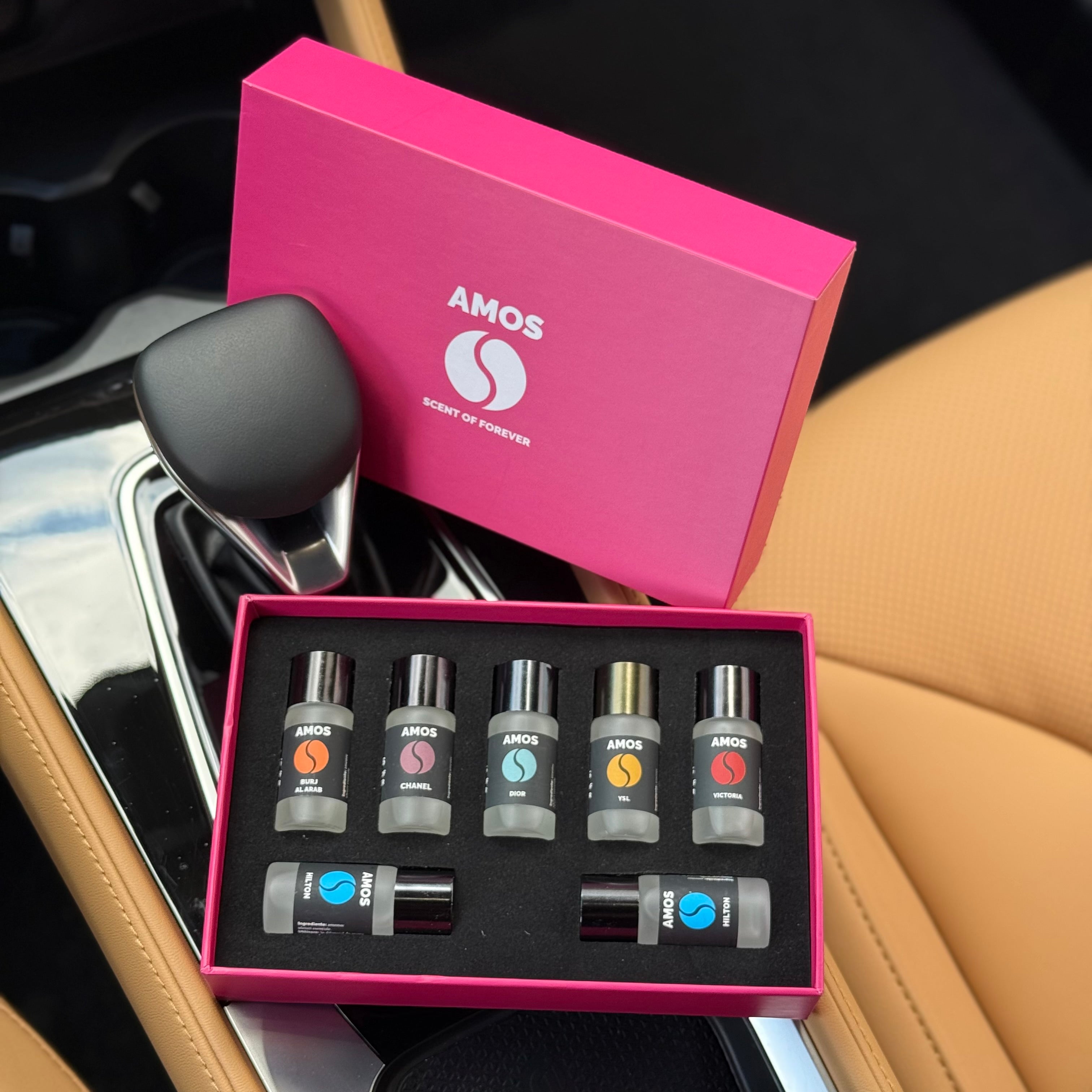 Difuzor parfum auto AMOS Mini Negru, 1 set rezerve parfum 7 arome PINK, odorizant inteligent, arome intense, 3 trepte intensitate