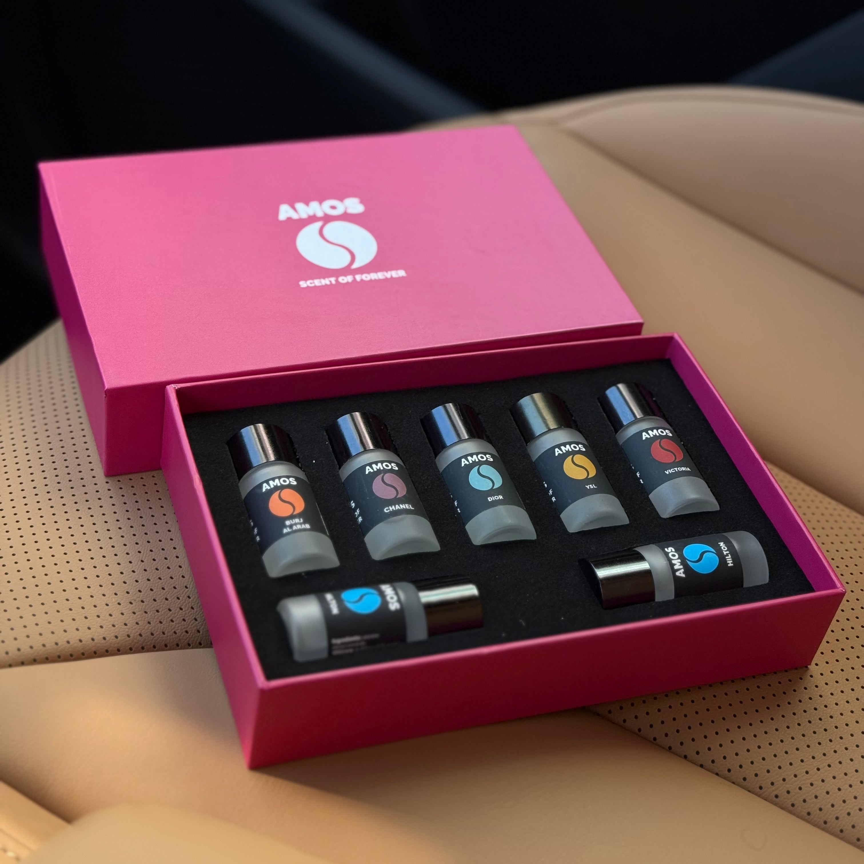 Difuzor parfum auto AMOS Mini Negru, 1 set rezerve parfum 7 arome PINK, odorizant inteligent, arome intense, 3 trepte intensitate