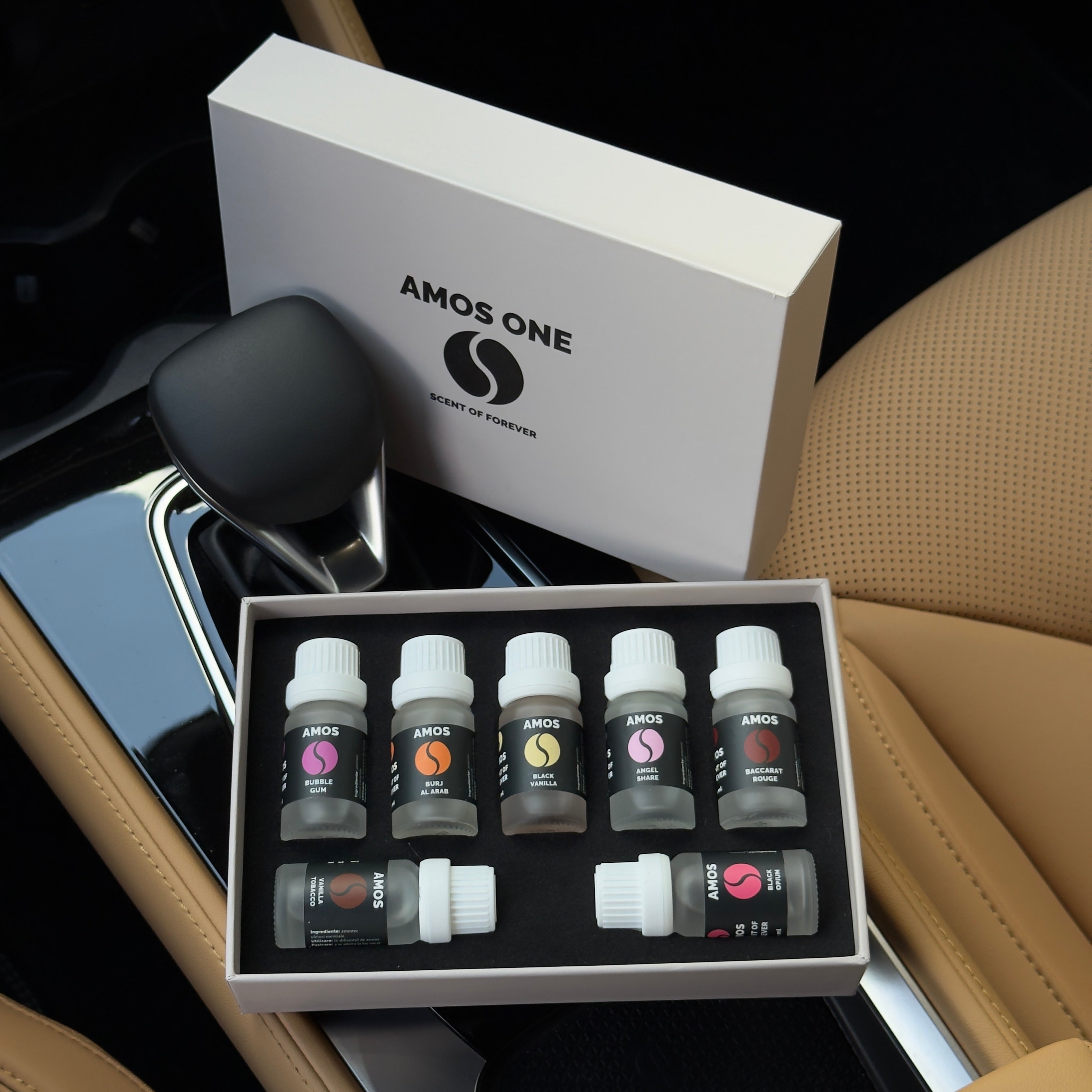 Set Parfumuri Auto AMOS One White, 7 Arome Premium 10ml, Rezerve Difuzor Auto, Persistență Îndelungată