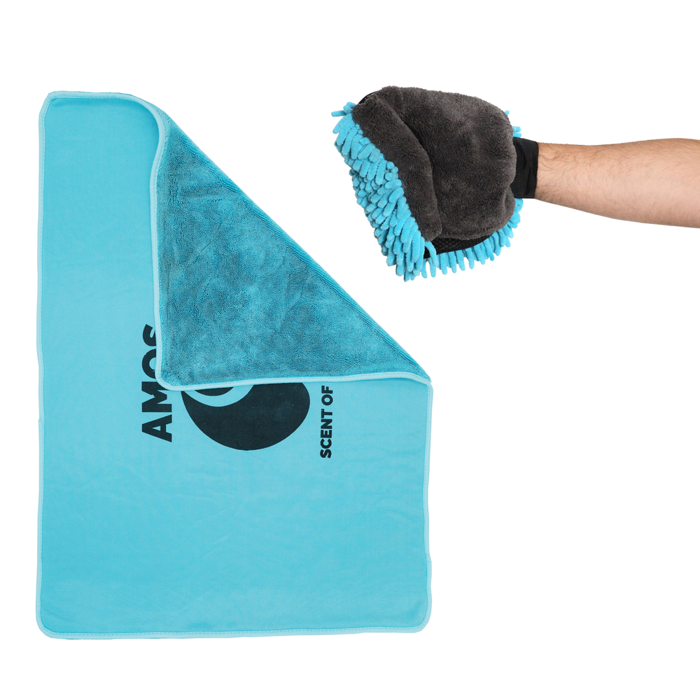 Prosop microfibră ultra absorbant AMOS Powerfluff albastru 1000 GSM 60*80cm + manusa CADOU