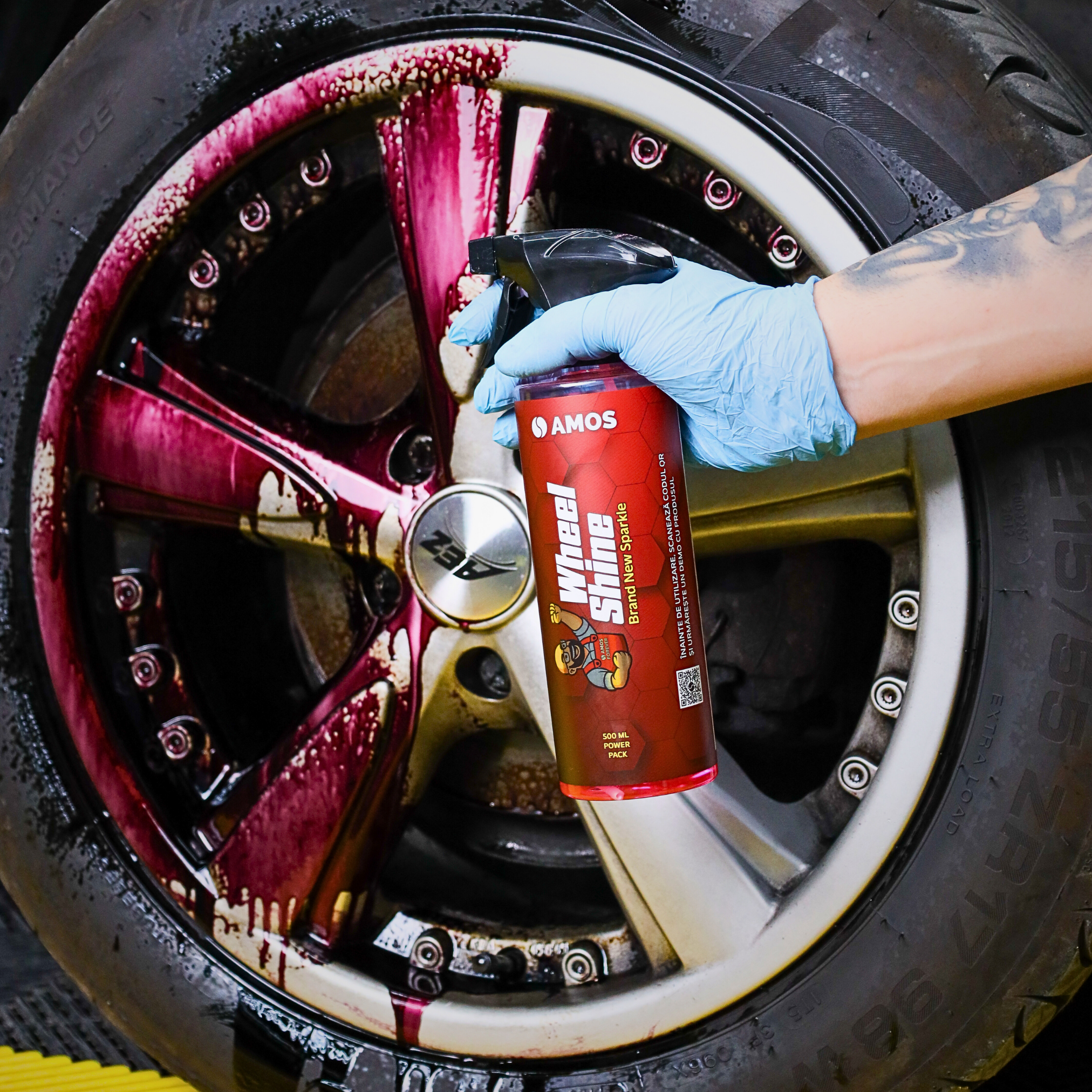 Solutie curatare jante AMOS Wheel Shine, curatare si ingrijire, indeparteaza praf de frana si particule metalice, indicator violet, fara reziduuri, cantitate 500 ml